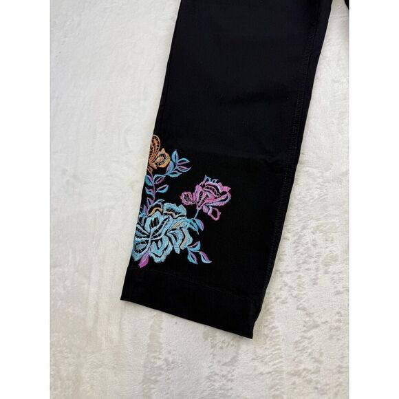 Slim-sation Pants Womens 12 Black Embroidered Floral Stretch Pull On Cropped - Picture 3 of 11